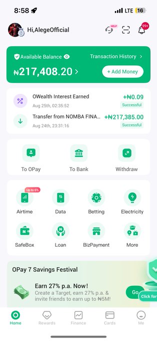 A screenshot of an OPay mobile banking app shows a balance of ₦217,408.20 with recent transactions including a transfer from NOMBA FINA of +₦217,385.00. The image illustrates the withdrawal feature, which the post discusses as being made easier through QuickChain's off-ramp services for crypto and giftcards.