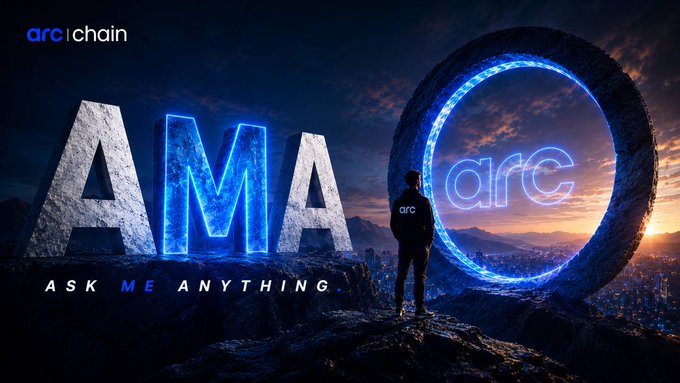 The image features a person standing on top of a cliff with an arc-shaped object in front of them. The person appears to be looking at something or someone behind the arc, possibly a city skyline or another individual. The caption below the image reads "ARC Chain AMA Ask Me Anything".