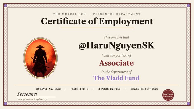 A 'Certificate of Employment' from 'The Vladd Fund' Personnel Department granting the position of Associate to @HaruNguyenSK, with employee number 0573 and an unofficial red seal, issued 24 Sept 2026.
