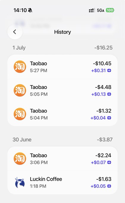 A mobile payment app history screen showing Taobao and Luckin Coffee transactions totaling -$16.25 on July 1st.