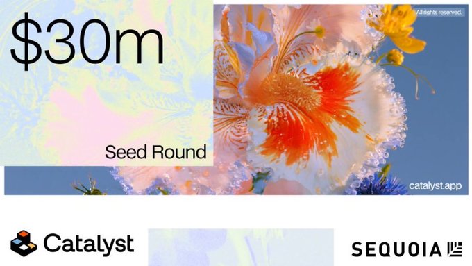 The image displays a promotional graphic for Catalyst's $30M Seed Round, featuring a vibrant floral background with the Catalyst logo and a Sequoia badge, highlighting the funding milestone referenced in the post's call to join their waitlist via catalyst.app.