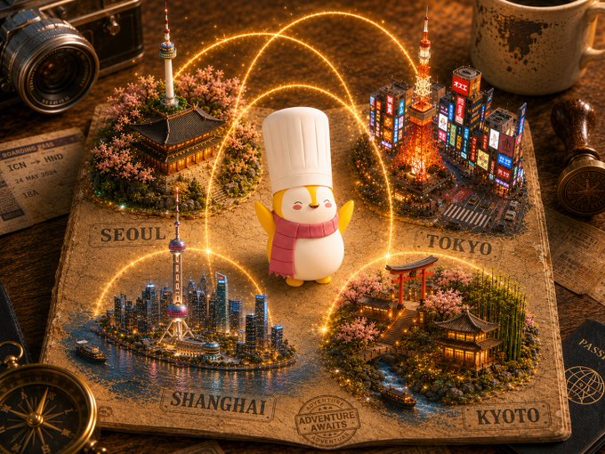 The image features a small penguin figurine standing on top of a map, surrounded by various landmarks from different cities around the world. The penguin appears to be wearing a chef's hat, adding a playful touch to its appearance. The map includes iconic locations such as the Eiffel Tower in Paris, the Great Wall of China, and the Statue of Liberty. The image also contains text that reads "Pudgy Penguins is more than an IP …." This suggests that the penguin figurine might be a popular item or brand associated with travel, exploration, or cultural experiences.