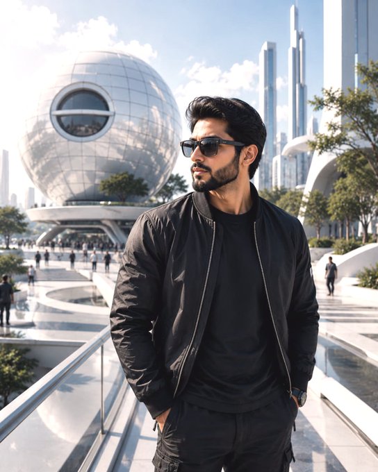 A man in a black bomber jacket and sunglasses stands in a futuristic city with a large spherical building and tall skyscrapers behind him.
