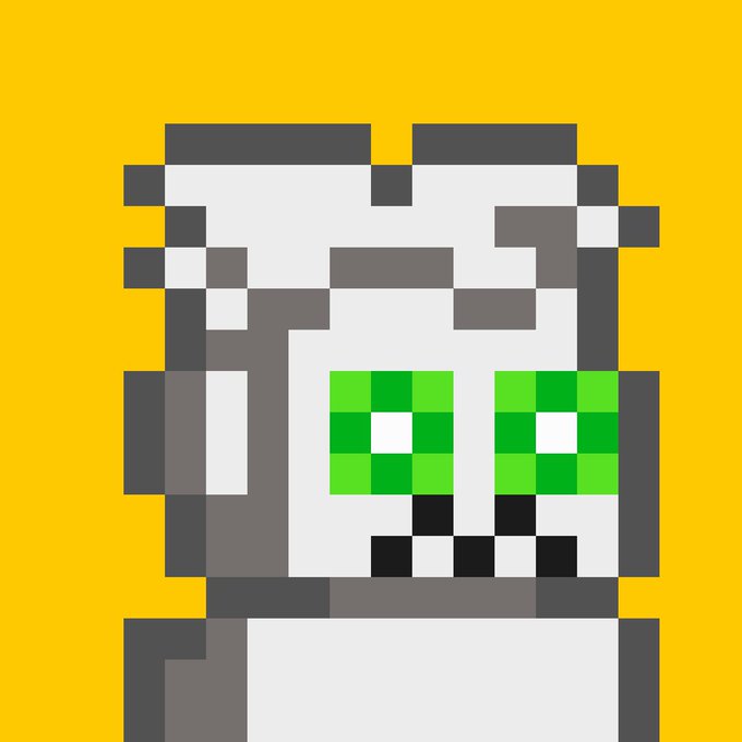 A pixel-art cat with striking green eyes set against a yellow background, designed as an NFT for the Zcash blockchain. The simple blocky character complements the post celebrating it as the first NFT on Zcash.