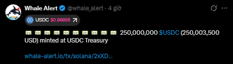 A tweet from Whale Alert (@whale_alert) showing that 250,000,000 USDC (250,003,500 USD) was minted at USDC Treasury, with USDC price at $0.99980.