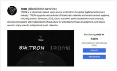 A webpage introduces Tron (TRON/TRX), describing it as a blockchain-based decentralized operating system founded by Justin Sun in 2017, featuring Chinese text '波场(TRON)项目介绍'.