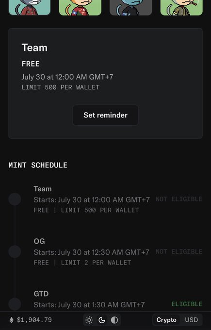 A screenshot of a cryptocurrency/NFT mint schedule interface showing 'Team' (July 30 at 12:00 AM GMT+7, FREE, LIMIT 500 PER WALLET) marked as 'NOT ELIGIBLE', with an 'OG' tier also marked 'NOT ELIGIBLE' and a 'GTD' tier marked 'ELIGIBLE'.