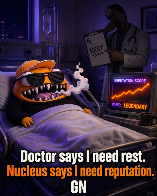 An orange meme character in a hospital bed is told 'Doctor says I need rest. Nucleus says I need reputation. GN', with a 'REPUTATION SCORE' monitor displaying 'RANK: LEGENDARY'.