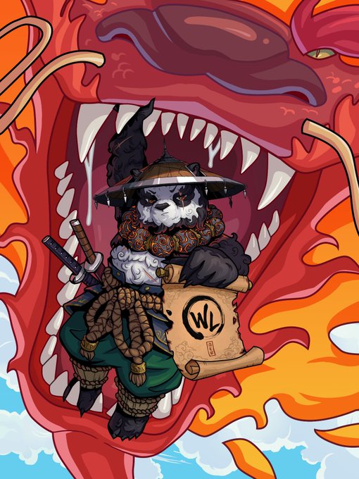 Illustration of a warrior panda character wearing a conical hat and holding a sword alongside a scroll marked 'WL', set against the flaming open mouth of a red dragon with sharp teeth and a golden eye.