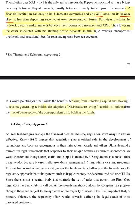 This image shows two highlighted excerpts from an academic text about Ripple's XRP and its impact on banking systems. The first passage explains that financial institutions only need to hold XRP and one stock on their balance sheet rather than depositing reserves at each correspondent bank, with the text "IL" highlighted in yellow. The second excerpt, with "THE RISK OF BANKRUPTCY OF THE CORRESPONDENT BANK HOLDING THE FUNDS" highlighted in yellow, notes that XRP adoption relieves institutions from the risk of correspondent bank insolvency.

The image relates to the post by highlighting the specific academic arguments for why banks would benefit from holding XRP—reducing the need for multiple correspondent bank relationships and eliminating the bankruptcy risk associated with those reserve deposits.