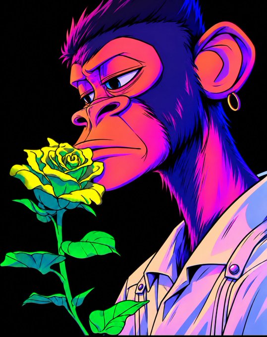 A vibrant neon-colored digital illustration of a monkey character in a striped shirt smelling a yellow rose, rendered in purple, pink, and orange tones.