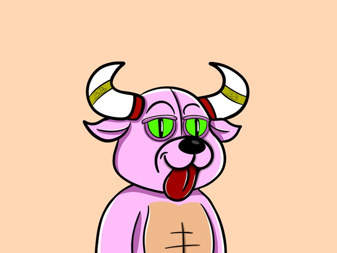 A cartoon pink bull character with green eyes and gold-banded horns sticks out its tongue playfully against a peach background. The mascot reflects the bullish, community-driven spirit celebrated in the post about joining the BullBearsX NFT community.
