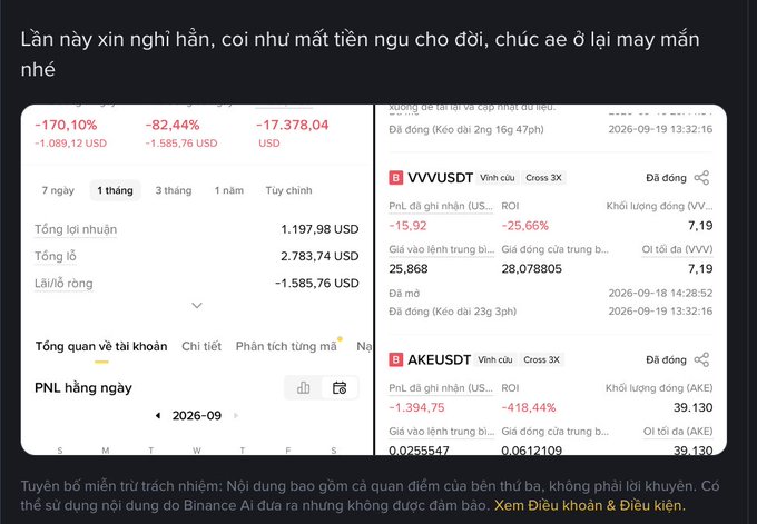 A Binance trading interface displays significant losses in Vietnamese, showing positions in VVVUSDT (-25.66%) and AKEUSDT (-418.44%), with a 1-month total loss of -1,585.76 USD.