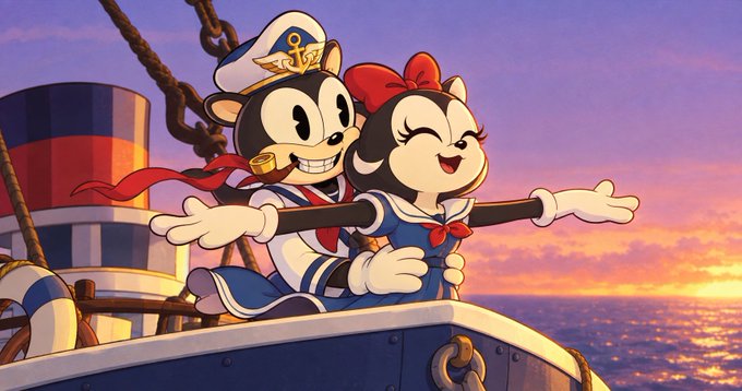 An animated illustration of Minnie Mouse dressed as a sailor embracing another mouse character in a sailor outfit on a ship's deck at sunset, likely from the film 'Minnie and the Tower of Mayhem'.