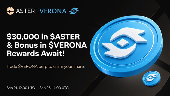 A promotional banner for Aster | Verona announces "$30,000 in $ASTER & Bonus in $VERONA Rewards Await!" for users who trade $VERONA perp between Sep 21, 12:00 UTC and Sep 26, 14:00 UTC, featuring a large 3D-rendered blue coin with the Verona "V" logo on the right side. The graphic visually supports the announcement of the VERONAUSDT perpetual futures listing and its associated trading competition.
