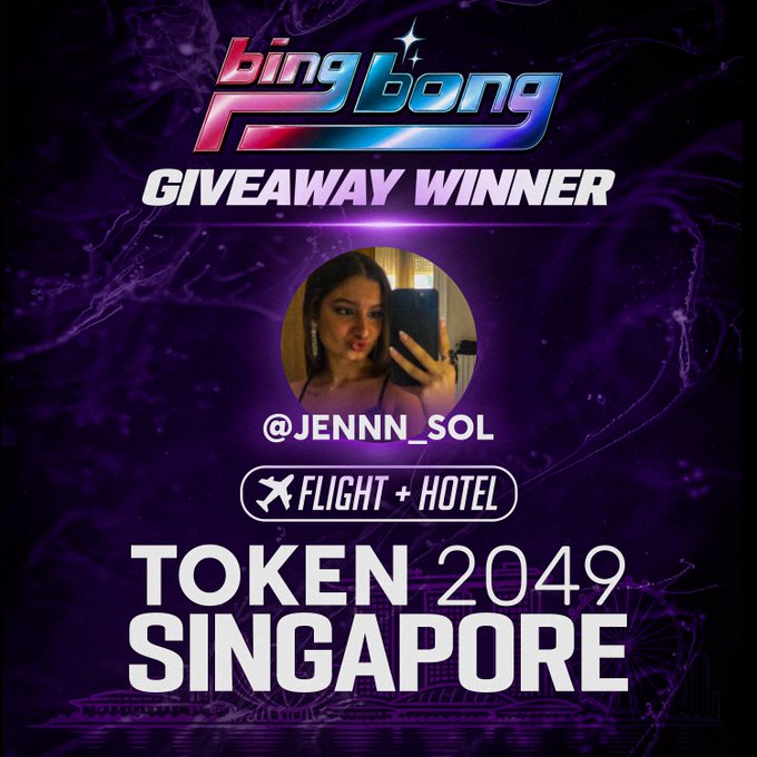 A graphic announcing a 'bing bong GIVEAWAY WINNER' for '@JENNN_SOL,' featuring a circular mirror selfie of a young woman and text offering a 'FLIGHT + HOTEL' and 'TOKEN 2049 SINGAPORE' against a dark purple, cosmic background.