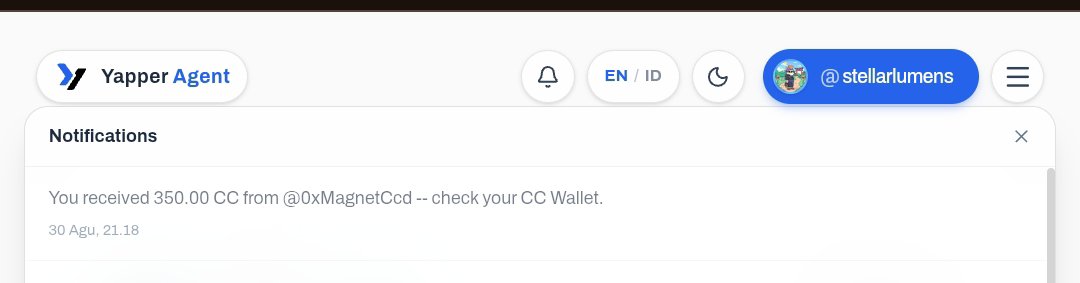A screenshot of a Yapper Agent notification showing a user received 350.00 CC from @0xMagnetCcd, with the username @stellarlumens visible in the top right corner.