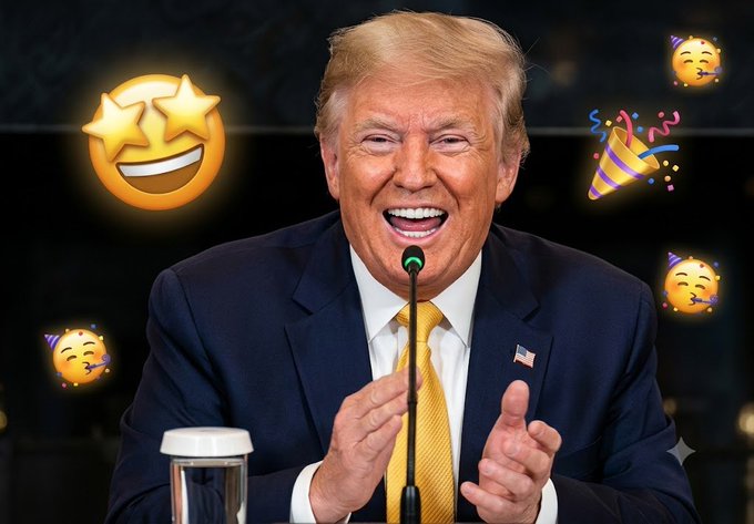 A laughing Donald Trump is surrounded by celebratory emojis, hinting at the "bombshell" news about Bitcoin from the White House.