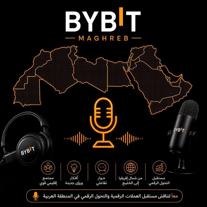 A promotional graphic for 'BYBIT MAGHREB' featuring an orange dotted map outline of the Maghreb region, a microphone, headphones, and Arabic text highlighting a strong community, fresh ideas, active dialogue, African market presence, and future financial transformation.