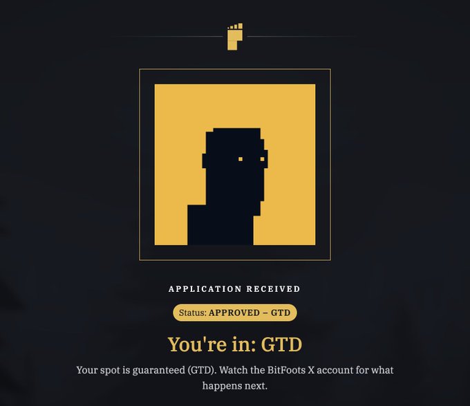 A confirmation screen showing 'APPLICATION RECEIVED' with status 'APPROVED – GTD' and the message 'You're in: GTD' featuring a yellow pixelated character logo, likely from BitFoots.