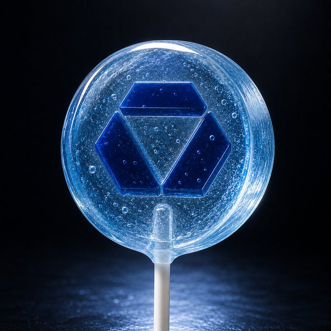 A glowing blue lollipop features a recycling-style logo made of three arrows forming a triangle, with bubbles suspended in its translucent candy. The image visually echoes the post's message of decentralized AI compute as a fresh, sustainable "upgrade" replacing the outdated, centralized model.