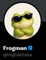 A profile picture of a green frog character wearing sunglasses with the username "Frogman" displayed, representing the crypto trader mentioned in the post about losing over $4M to a hack during TOKEN2049 in Singapore.