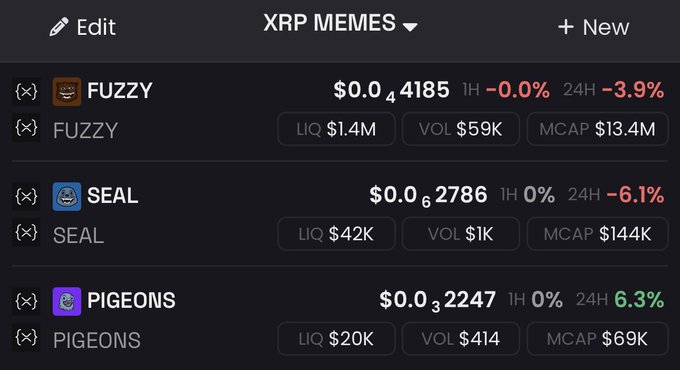 A dark-themed crypto tracking interface titled 'XRP MEMES' showing meme coins including FUZZY ($0.04185), SEAL ($0.062786), and PIGEONS ($0.032247) with their price changes and market stats.