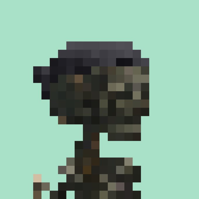 A heavily pixelated, low-resolution image shows the silhouette of a dark figure against a light teal background.
