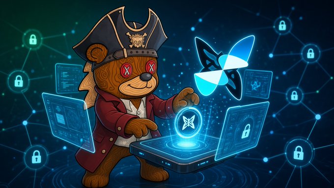 An illustration depicts a pirate-themed teddy bear in X-eyed glitch attire, surrounded by holographic screens, a butterfly logo, and floating padlock icons.