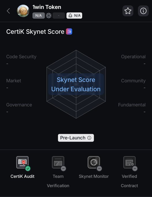 The image displays the CertiK Skynet Score page for "1win Token," showing that the token is in "Pre-Launch" status with the Skynet Score "Under Evaluation" across six categories (Code Security, Operational, Market, Community, Governance, Fundamental). At the bottom, the "CertiK Audit" is marked with a green check indicating completion, while Team Verification, Skynet Monitor, and Verified Contract remain unchecked, directly supporting the post's note about the CertiK audit being completed ahead of the token launch.