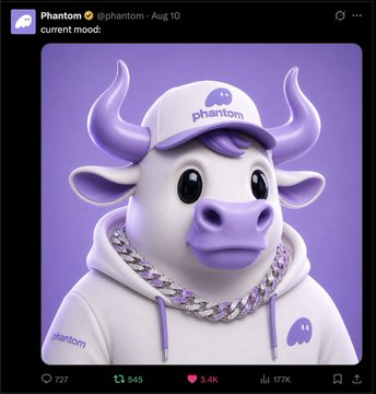 A Twitter/X post from 'Phantom' (@phantom) dated Aug 10 captioned 'current mood:' shows a 3D-rendered white bull mascot wearing a white 'phantom' branded cap and hoodie with a silver chain, set against a purple background. The post shows 727 comments, 545 reposts, 3.4K likes, and 177K views.