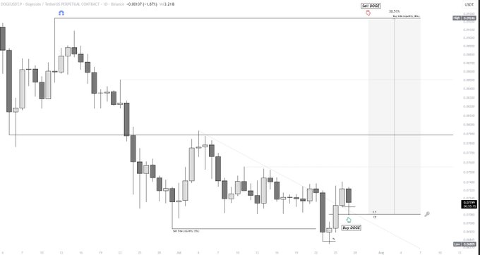 Cryptocurrency candlestick chart for DOGE/USDT on Binance showing a significant downtrend, with price at 0.2037 (+1.82%).