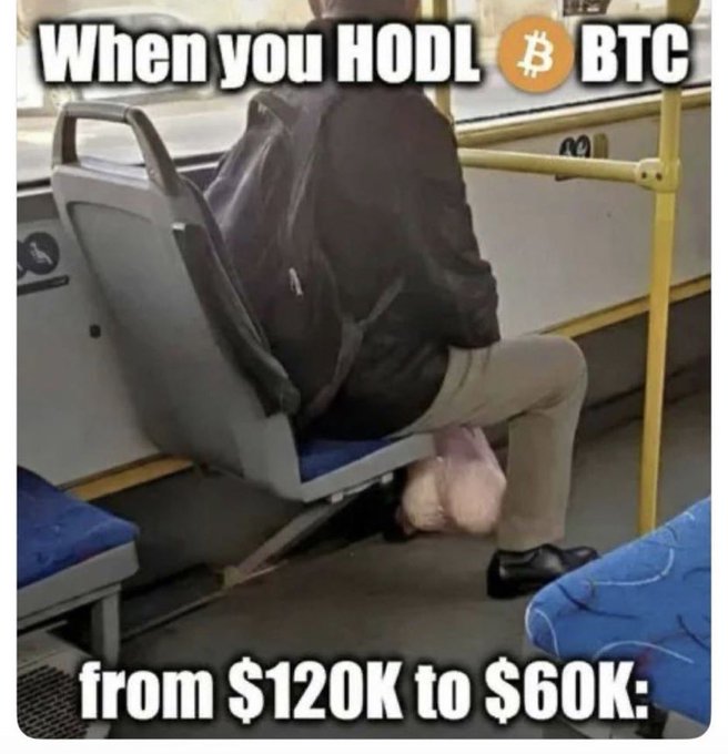 A crypto meme showing a person with a large backpack sitting hunched on a bus with text 'When you HODL ₿ BTC from $120K to $60K:', depicting the painful bitcoin price drop.