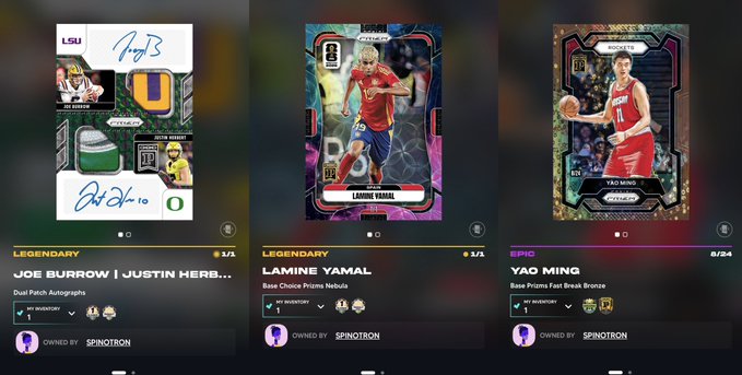 The image showcases three digital trading cards: a Legendary "Joe Burrow | Justin Herbert" Dual Patch Autographs card (1/2), a Legendary Lamine Yamal "Base Choice Prizms Nebula" card (3/3), and an Epic Yao Ming "Base Prizms Fast Break Bronze" card (5/24), all owned by SPINOTRON, aligning with the post's request to display favorite and recent on-chain JPEG acquisitions.
