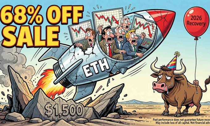 A cartoon illustration showing panicked investors in a rocket labeled 'ETH' crashing, with '68% OFF SALE', '$1,500', '2026 Recovery', and a bull watching.