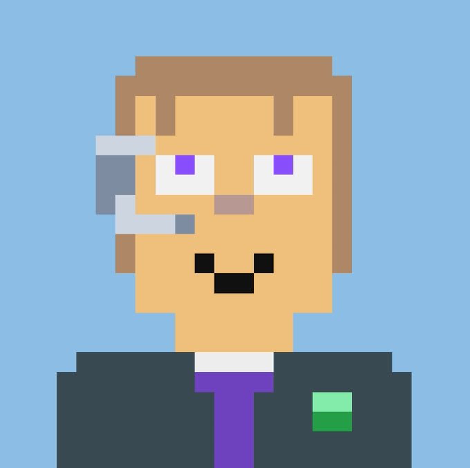 A pixel art portrait of a person with brown hair, purple eyes, and a small smile, wearing a headset and a dark blue suit with a purple tie and green pocket square, against a light blue background.