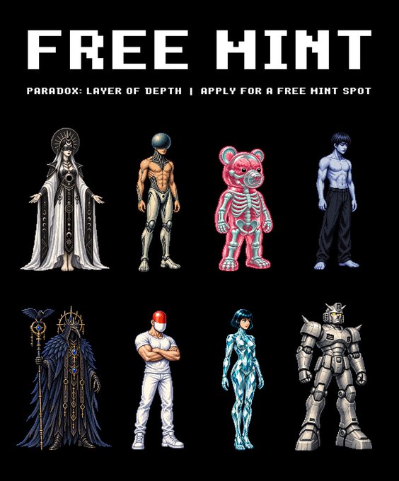 A promotional graphic for 'FREE MINT' featuring the text 'PARADOX: LAYER OF DEPTH | APPLY FOR A FREE MINT SPOT', displaying eight distinct character designs including a robed figure, a cyborg, a pink skeleton bear, and a mech.