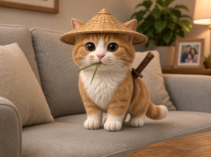 An orange and white cat wearing a traditional conical Asian straw hat sits on a gray couch, holding a blade of grass in its mouth with a small sword strapped to its back. The image illustrates the "Niu Lai" Chinese internet meme archetype—a cat warrior figure belonging to the pure meme narrative, distinct from Western stock meme characters like MarsCoin or AI/Flork representations.