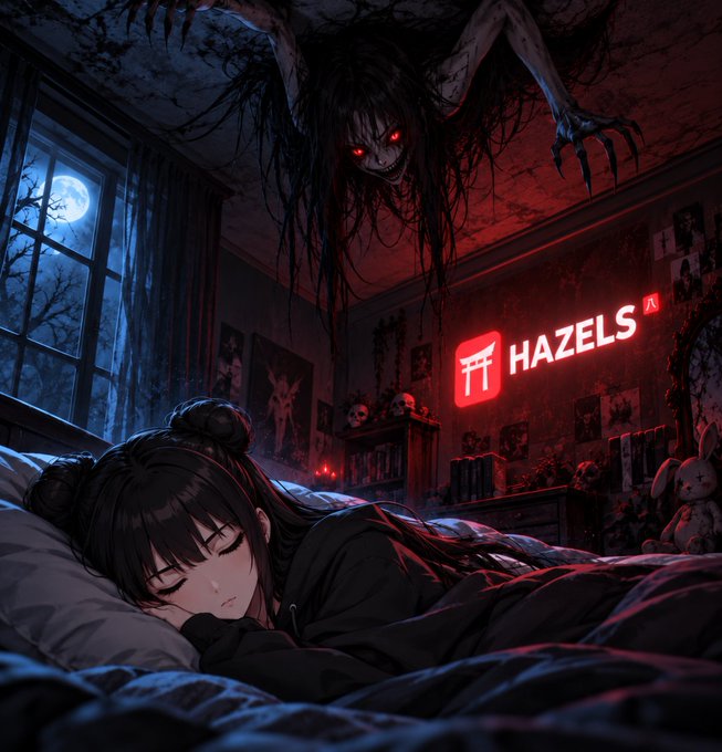 Anime-style dark illustration of a girl with black twin buns sleeping in bed while a menacing horned demon-like creature with glowing red eyes hangs upside down from the ceiling; the room features a "HAZELS" YouTube neon sign, skull decor, a glowing rabbit plush, and a moonlit window.