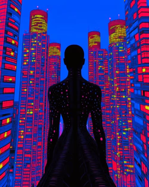 A stylized illustration showing the silhouette of a female figure covered in glowing dots, standing before a vibrant cityscape of towering skyscrapers with bright red, pink, and yellow illuminated windows against a deep blue sky.