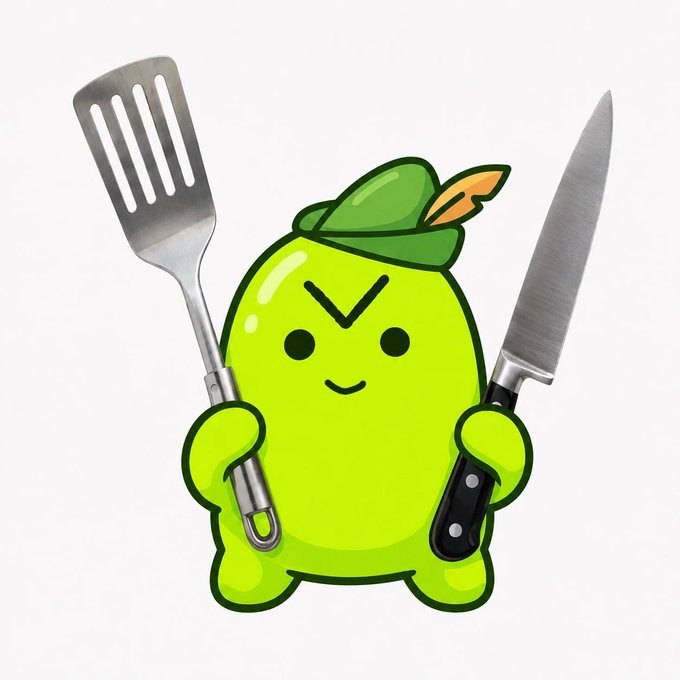 A cute, cartoon green pear-shaped character wearing a leaf and orange feather hat cheerfully brandishes a metal spatula and kitchen knife. The image serves as a mascot for the $LUNCHY token, as referenced in the accompanying GM (good morning) post.