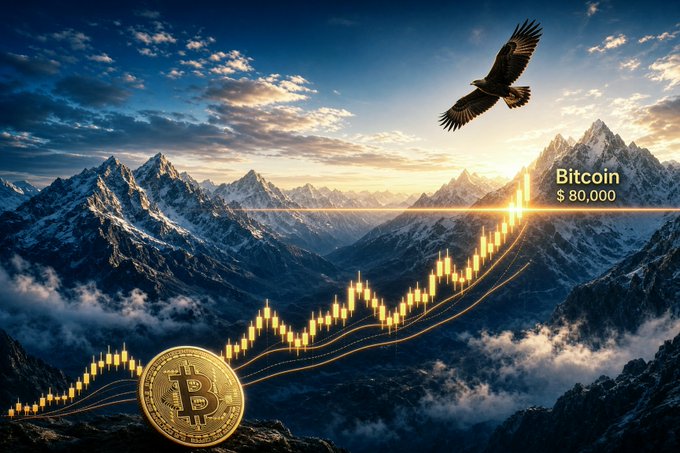 A digital artwork showing a Bitcoin coin and upward-trending candlestick chart with "Bitcoin $80,000" text, featuring an eagle flying over snowy mountains at sunset.