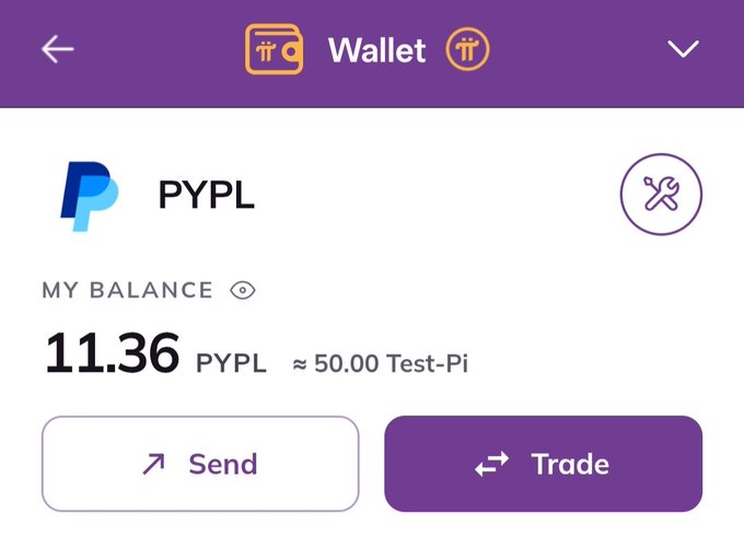 A mobile wallet screen displaying a balance of "11.36 PYPL" (approximately 50.00 Test-Pi) with "Send" and "Trade" buttons.