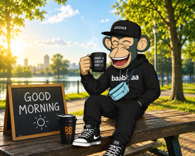 An illustrated cartoon of a cheerful monkey character wearing a black 'APECHAIN' cap and 'baabyaa' hoodie, sitting on a park bench holding a 'HAVE A GREAT DAY' mug, with a 'GOOD MORNING' chalkboard sign and an 'RR' branded coffee cup beside him.
