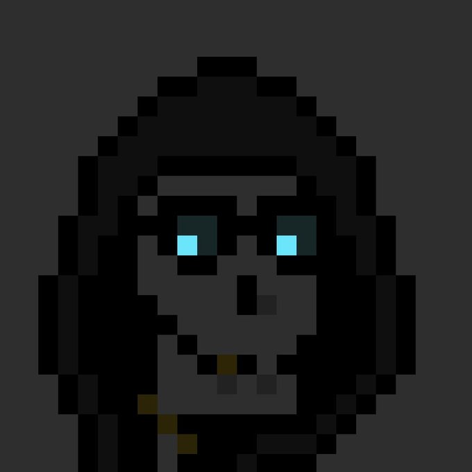 A pixel art portrait of a hooded figure with glowing blue eyes against a dark gray background, resembling a hooded wizard or ranger character.