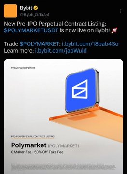 A tweet from Bybit Official announcing a new pre-IPO perpetual contract listing for $POLYMARKETUSDT on the Bybit exchange, noting a 50% maker fee and 0% taker fee.