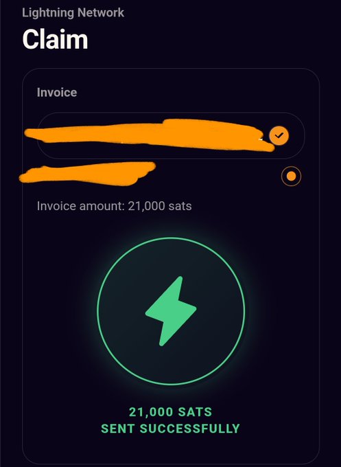 A dark-themed mobile app interface for a 'Lightning Network' showing a 'Claim' screen with 'Invoice amount: 21,000 sats', a green lightning bolt button, and a 'SENT SUCCESSFULLY' confirmation.