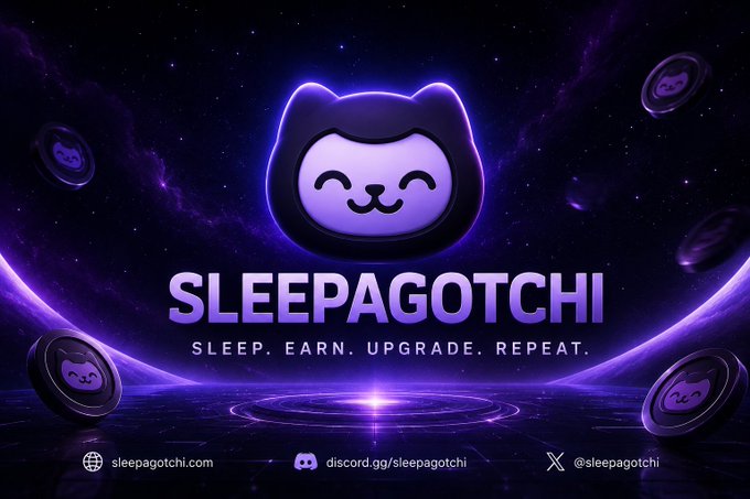 A promotional banner for Sleepagotchi featuring a glowing purple cat-themed mascot against a cosmic background, with the tagline "SLEEP. EARN. UPGRADE. REPEAT." and links to sleepagotchi.com, discord.gg/sleepagotchi, and @sleepagotchi. The image aligns with the post's message of reframing sleep as an engaging, gamified experience tied to the Nucleus campaign.