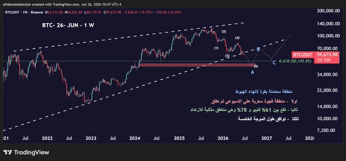 A Bitcoin weekly chart from TradingView shows BTCUSDT on Binance priced at $59,673.98, with Elliott Wave analysis marking potential wave (5) completion near the 0.618 Fibonacci level around $50,145–$59,673, alongside Arabic text identifying a likely area for ending the downturn between $50,000–$59,000.