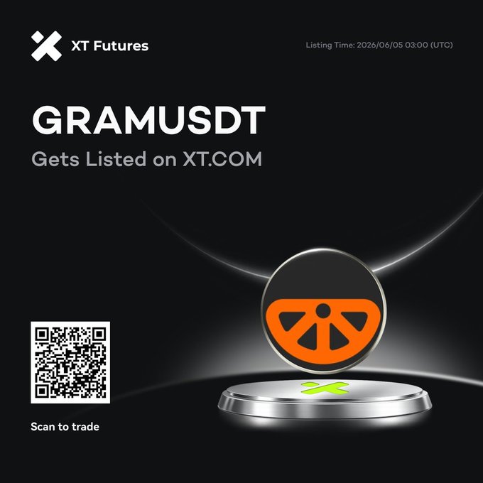 The image is a screenshot of an advertisement that shows a coin with the text "GRAMUSDT" displayed at the bottom center, along with a description that reads "Getting listed on XT-COM (supporting 1x leverage)". It appears that this coin is being promoted for trading and has been listed at FuturesXT.com, which is an exchange dedicated to cryptocurrency trading platforms. The post also contains text about when and where it will be listed on the FuturesXT website.